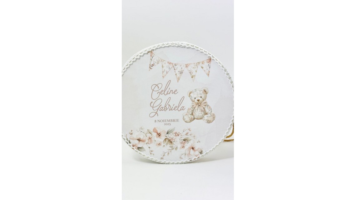 Trusou botez Nude Teddy Bear Toile de Jouy bej crem cu accente light pink și pattern floral vintage 3